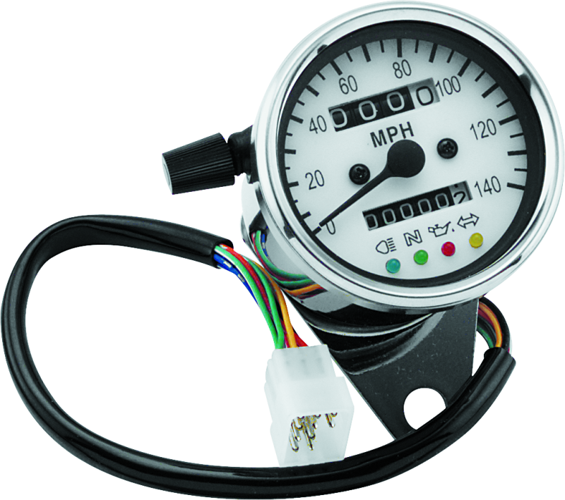 Bikers Choice 2.5 Inch Chrome 2:1 Universal Mini Speedo w LED Indicators White Face 140 Mph