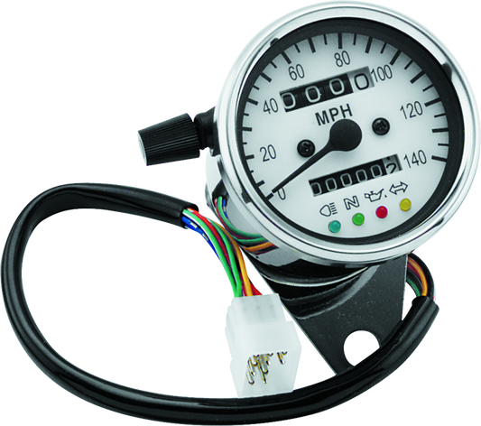 Bikers Choice 2.5 Inch Chrome 2:1 Universal Mini Speedo w LED Indicators White Face 140 Mph