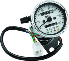 Bikers Choice 2.5 Inch Chrome 2:1 Universal Mini Speedo w LED Indicators White Face 140 Mph